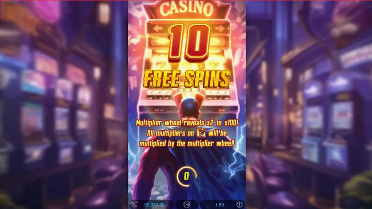Interface vibrante e neon do jogo de slot Super Wildrix com temática de super-herói