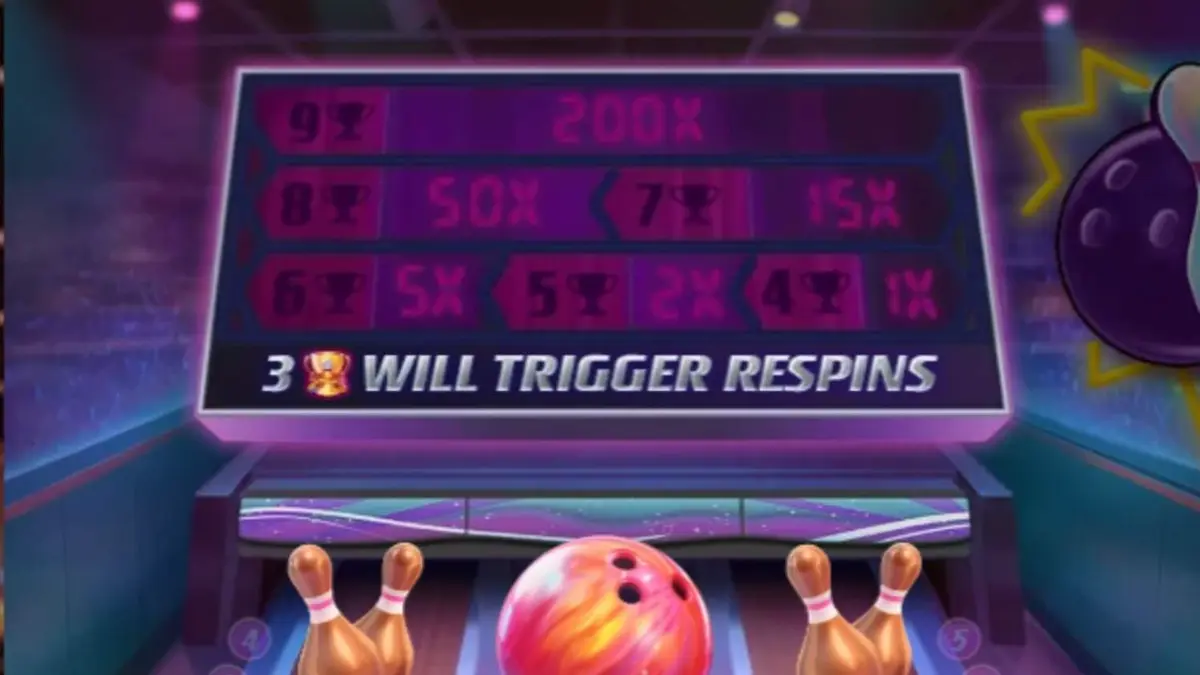 Interface do jogo de slot Perfect Strike com elementos de neon e boliche